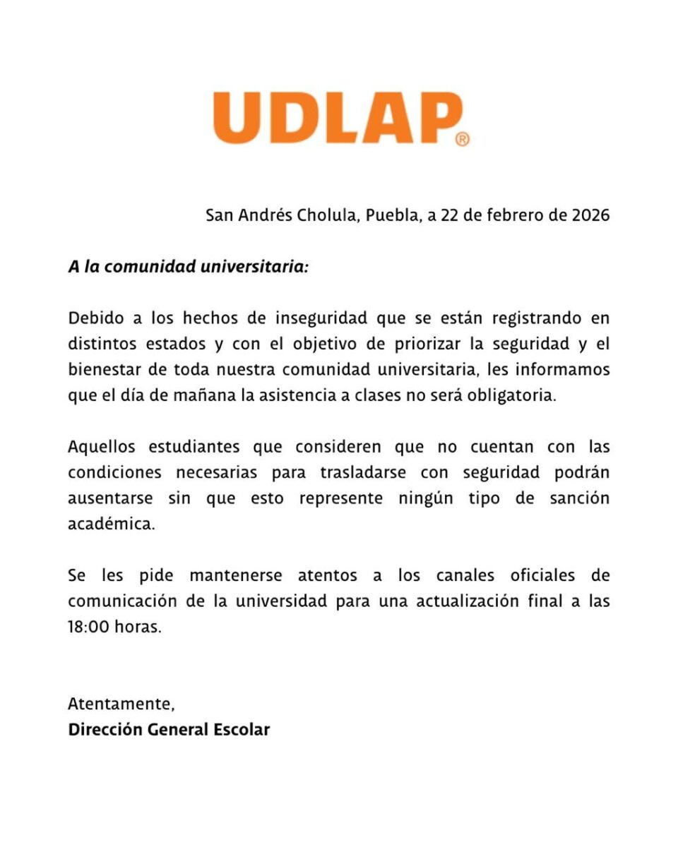 Universidades de Puebla suspenden clases presenciales este 23 de febrero