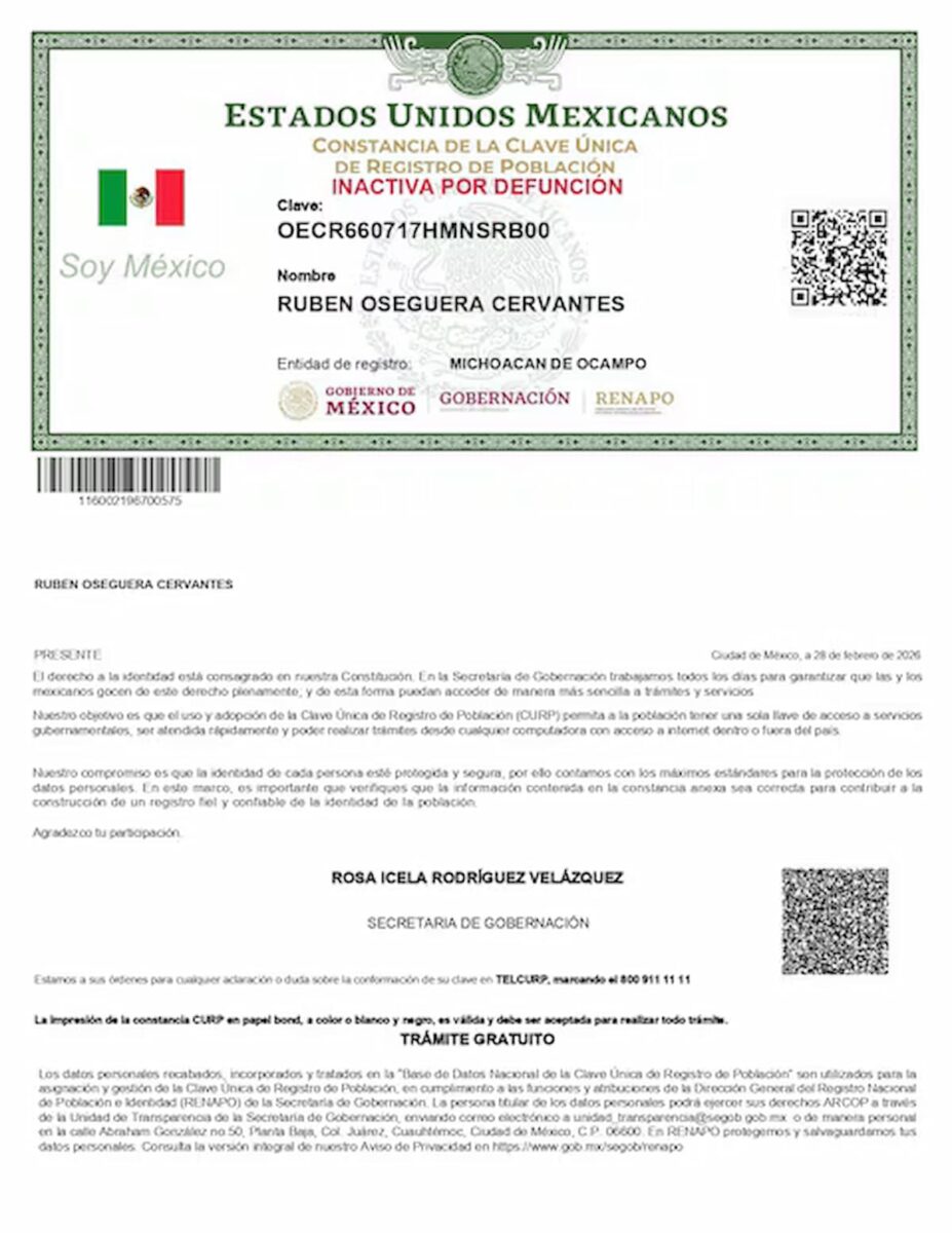 Revelan acta de defunción de El Mencho, murió a las 10: 30 horas