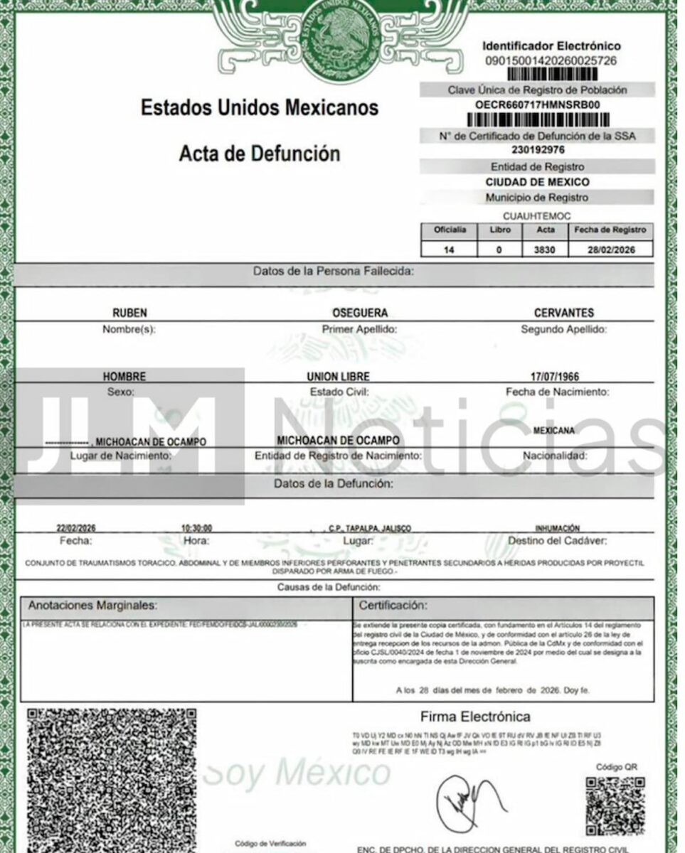 Revelan acta de defunción de El Mencho