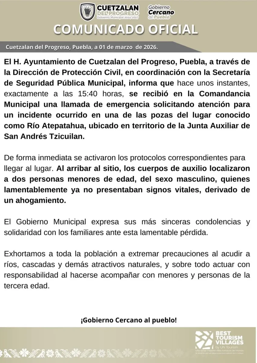 Dos niños mueren ahogados en Cuetzalan