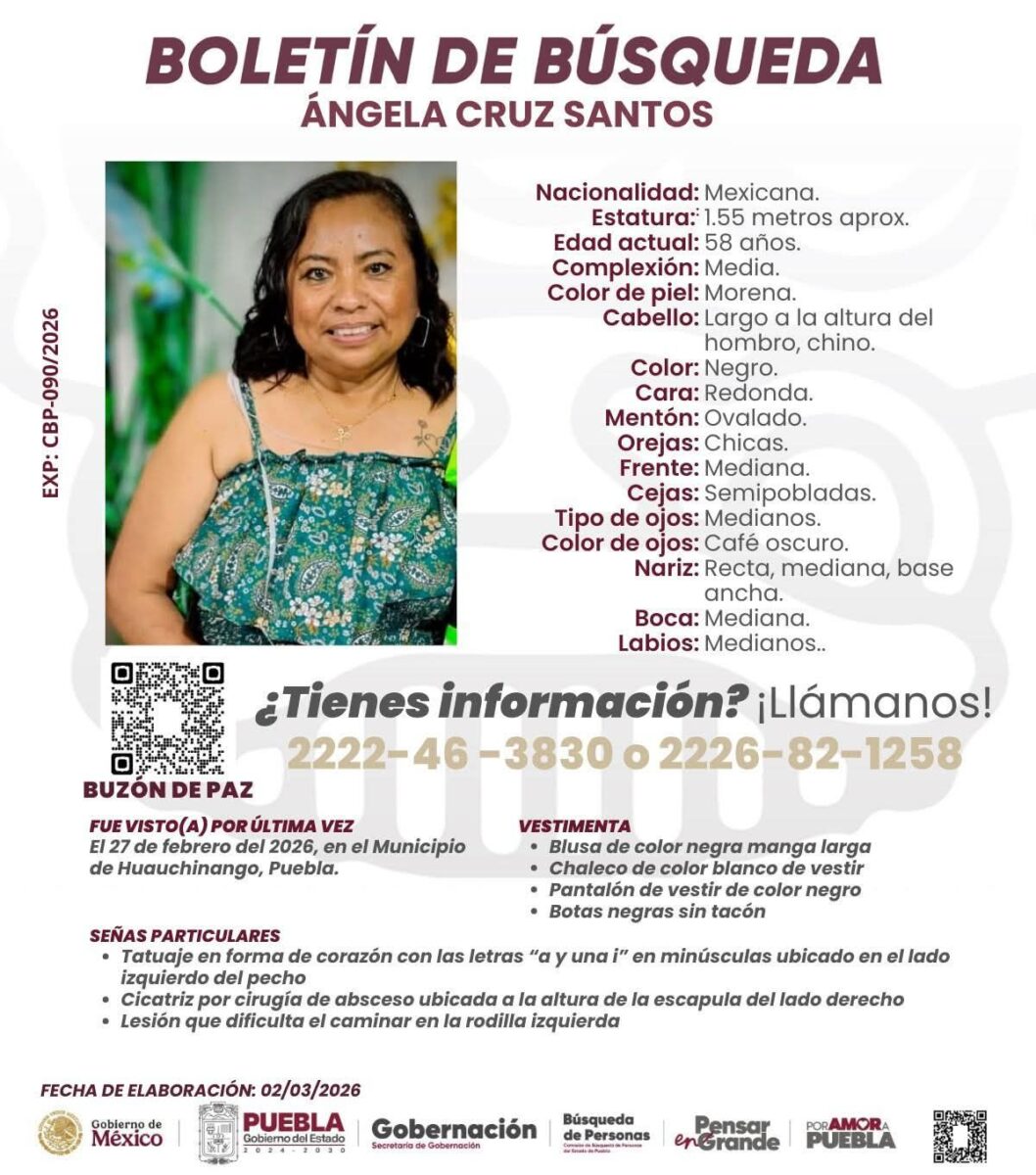 Buscan a Ángela Cruz Santos, desaparecida al afuera de la Iglesia en Huauchinango 2 Buscan a Ángela Cruz Santos, desaparecida al afuera de la Iglesia en Huauchinango