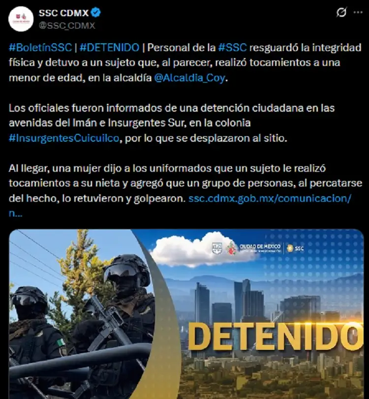 Detienen a sujeto que acosó a niña en tienda de Coyoacán