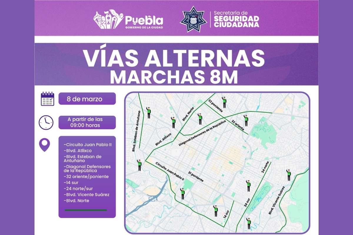 Cierres viales en Puebla hoy 8 de marzo por la marcha del Día de la Mujer- vías alternas