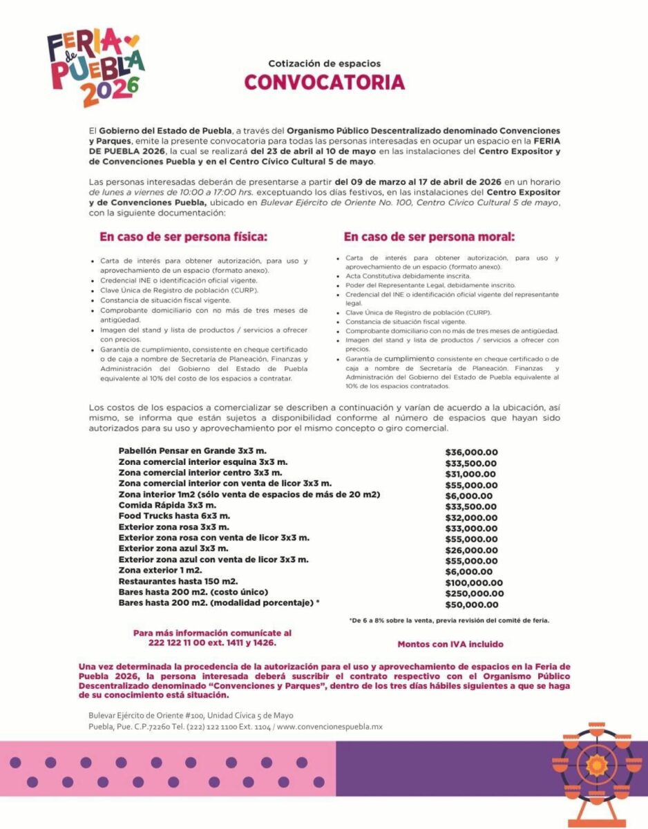 ¿Cuánto cuesta un stand en la Feria de Puebla 2026? Estos son los requisitos 