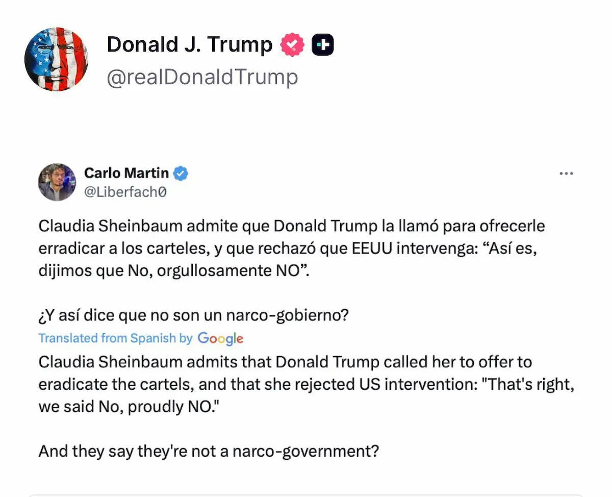 Trump critica a Sheinbaum por rechazar apoyo de EU