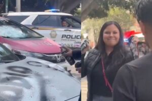 Policías descubren a joven grafiteando el auto de su ex, la dejan ir y a él lo multan