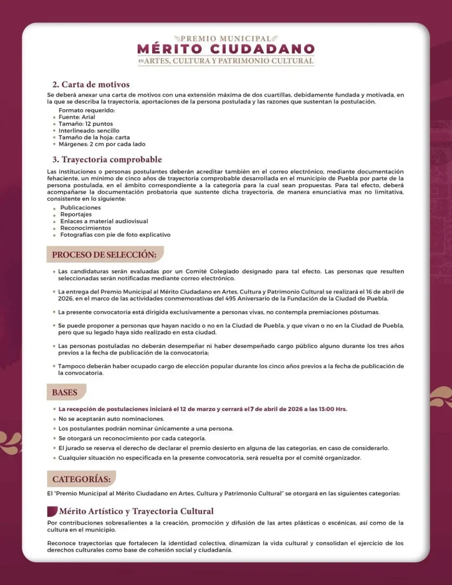 Abren convocatoria al Premio Municipal al Mérito Ciudadano en Artes, Cultura y Patrimonio Cultural