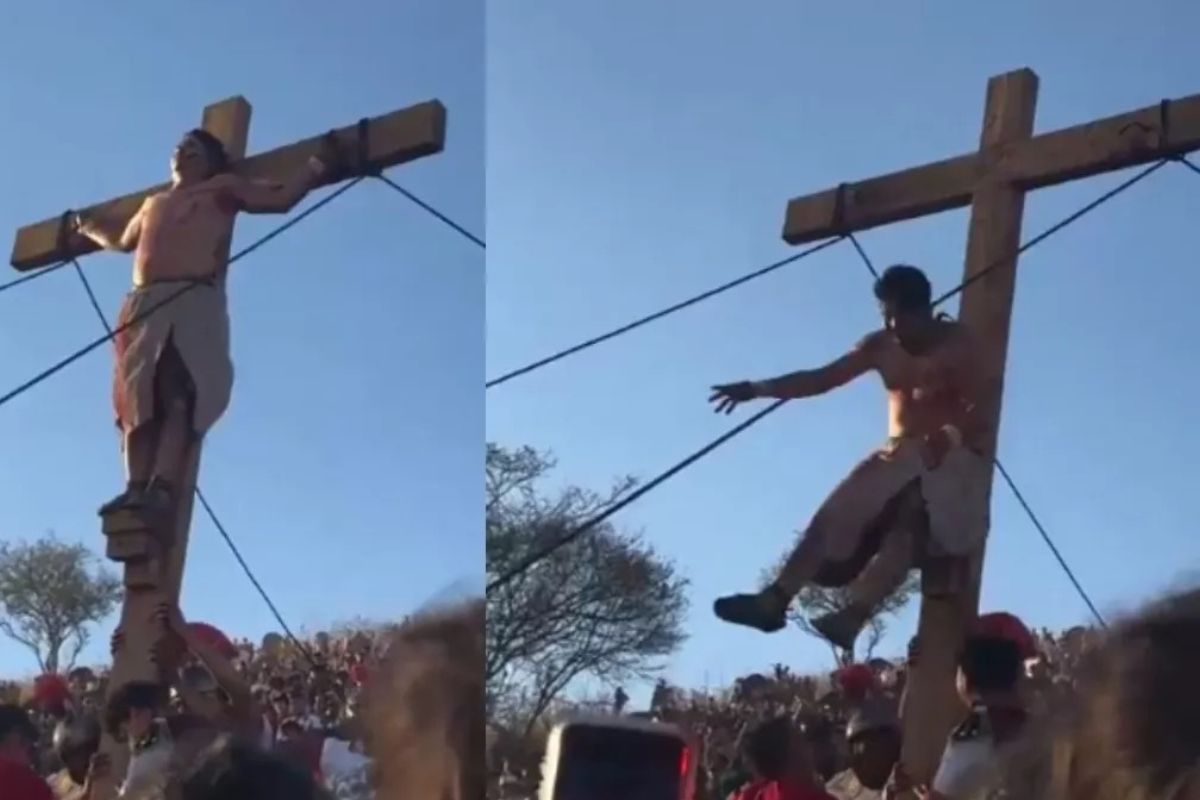El momento en el que actor cae de la cruz durante crucifixión en Judea de Tlaquepaque