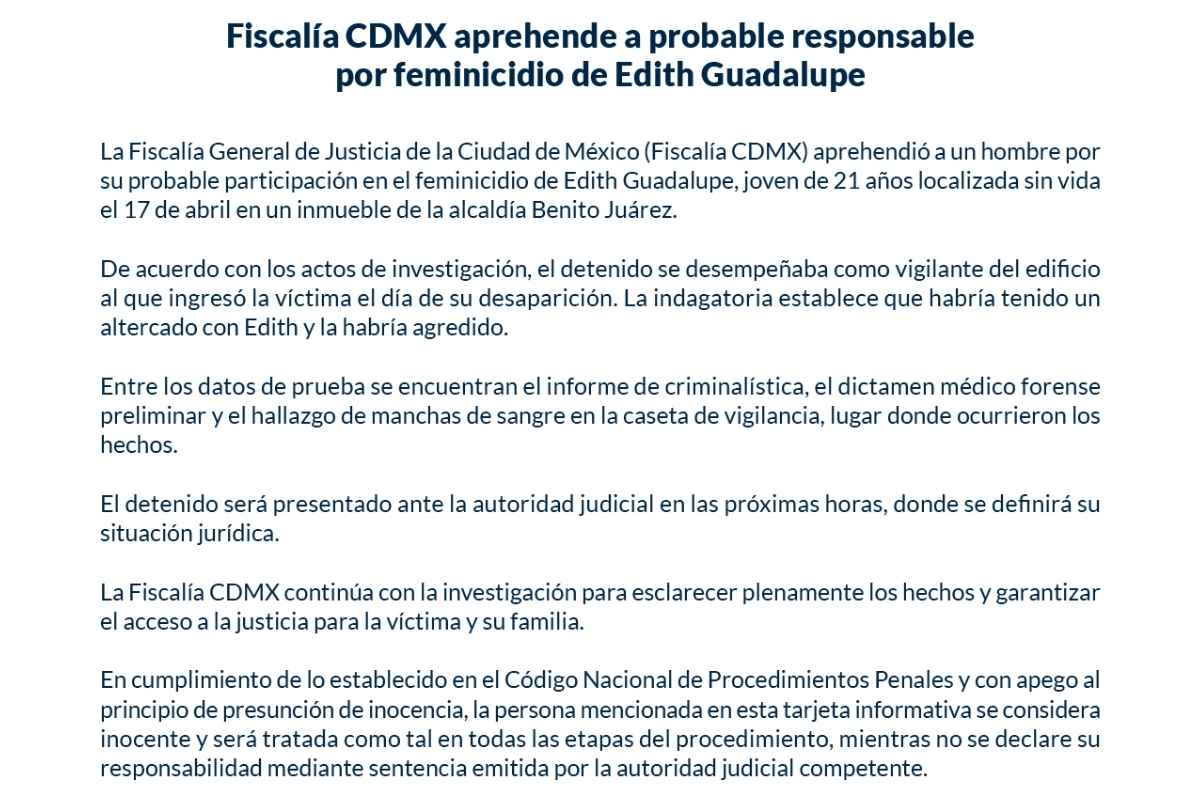 Detienen a vigilante por el feminicidio de Edith Guadalupe: esto se sabe
