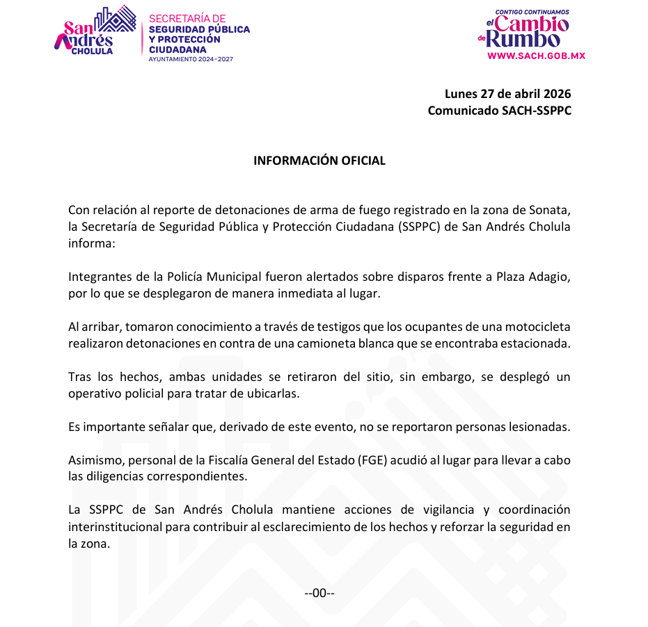 Reportan balacera en Sonata hoy lunes 27 de abril 