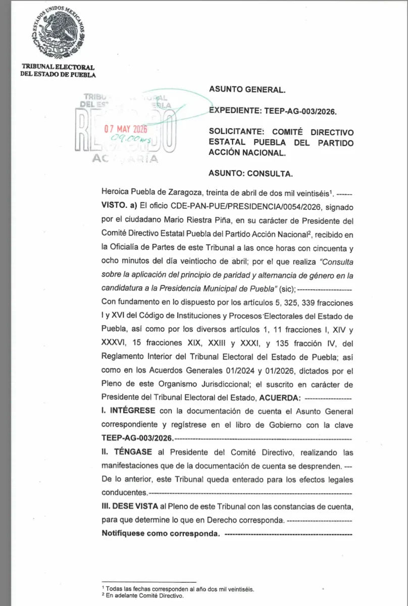 PAN consulta al Tribunal Electoral si debe postular a una mujer por la alcaldia de Puebla en 2027 2