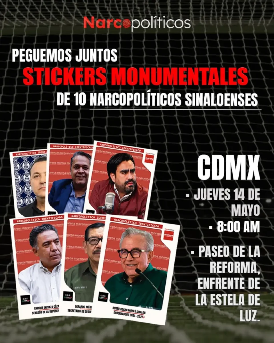 Colocan stickers de narcopolíticos en exhibición de estampas