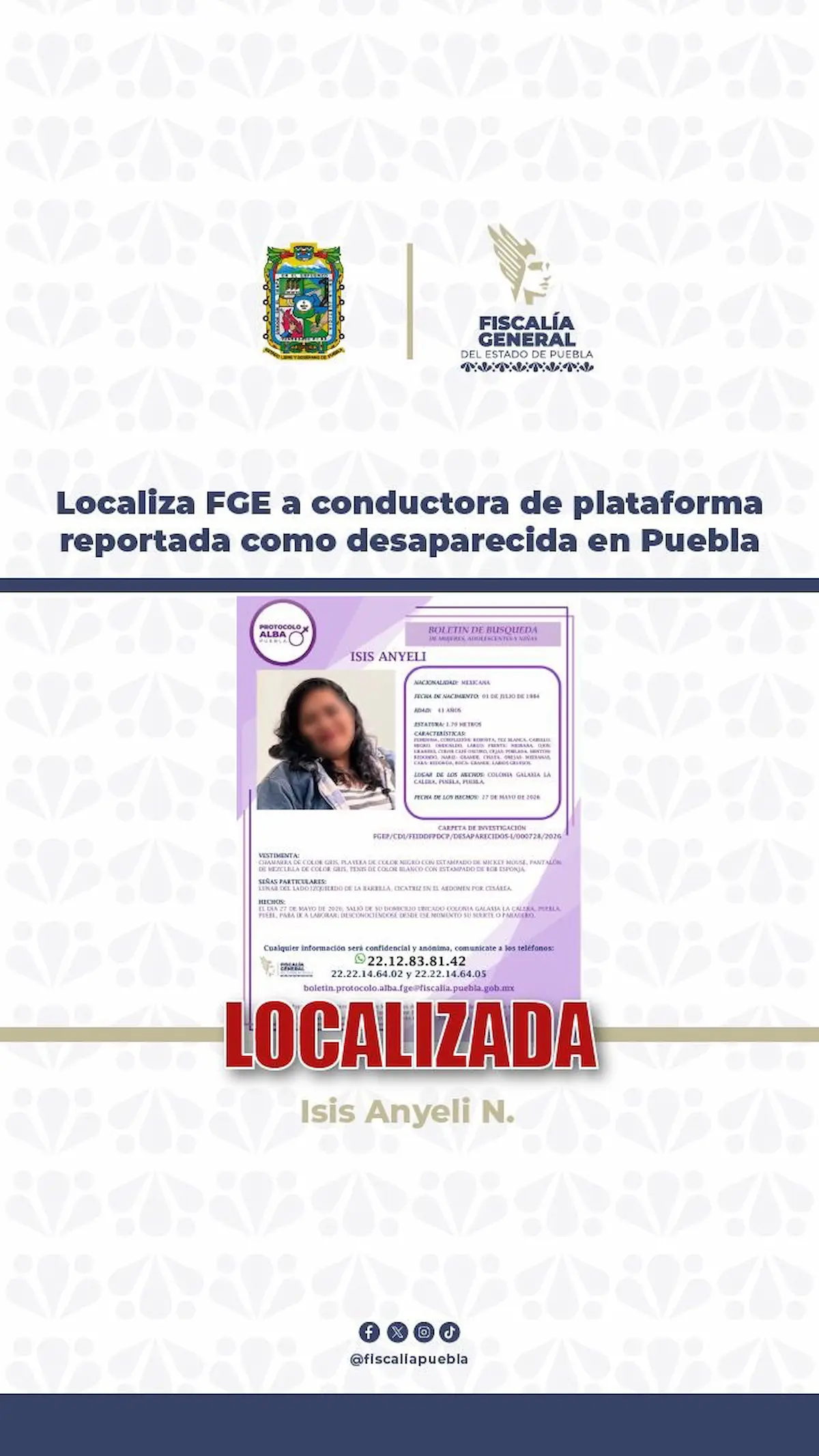 Localiza FGE a conductora de plataforma reportada como desaparecida en Puebla