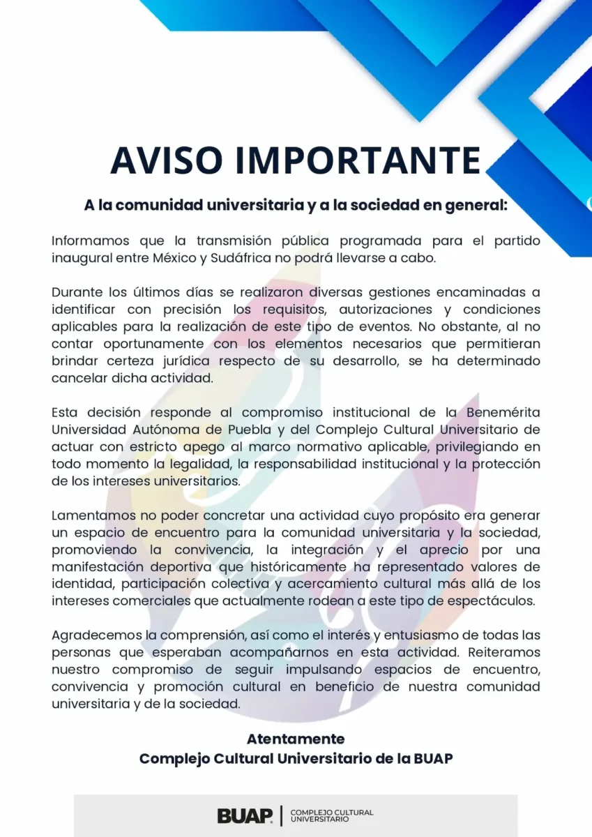 BUAP cancela transmisión pública del partido inaugural del Mundial 2026 en el CCU