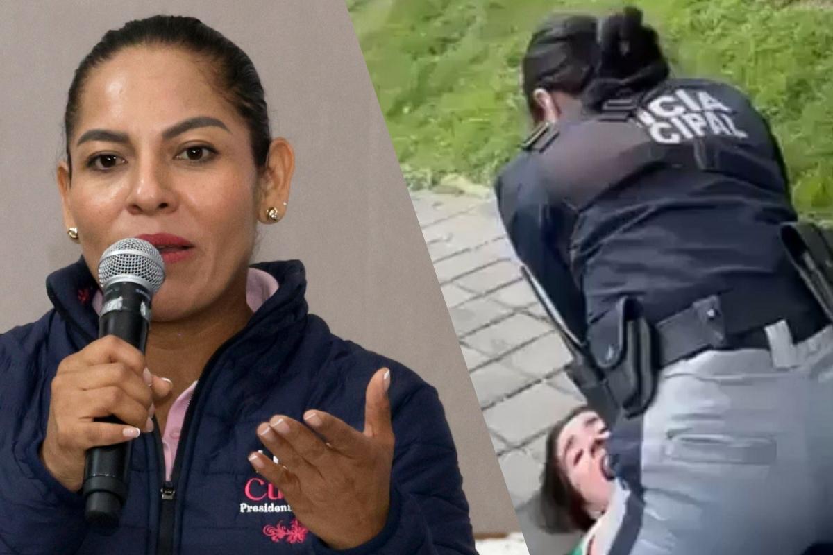 Mujer detenida por policías en San Andrés Cholula | Foto: Almanaque Puebla
