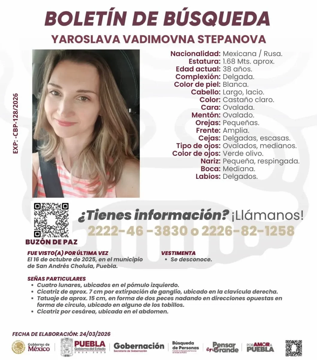 Buscan a Yaroslava Vadimovna, mexicorusa desaparecida en Cholula