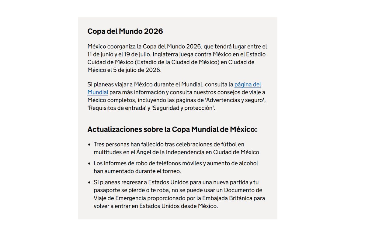 Alerta de viaje de Reino Unido para aficionados ingleses: Piden evitar ir a México 4 Alerta de viaje de Reino Unido | Foto: Gov UK