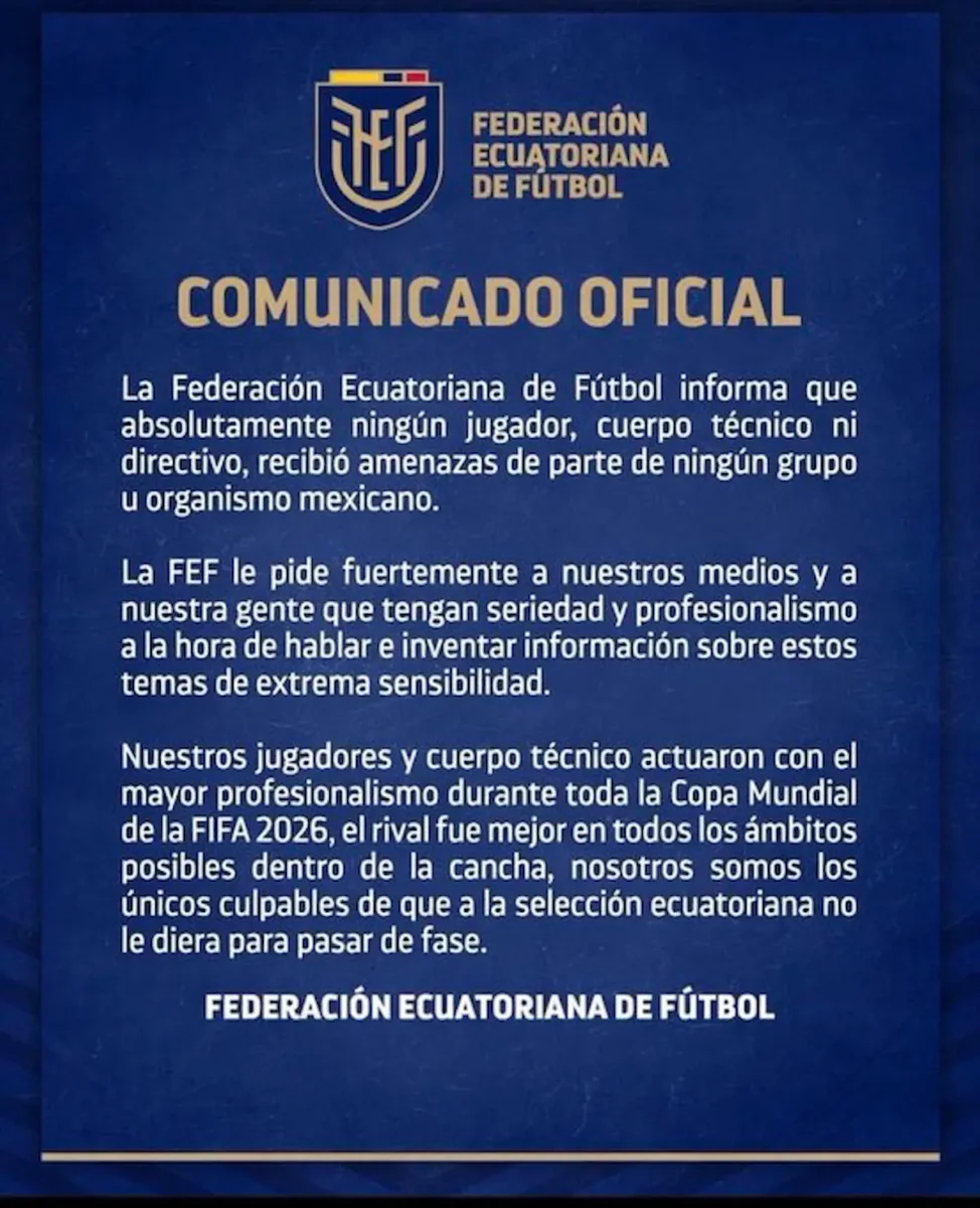 Federación Ecuatoriana desmiente amenazas tras su eliminación del Mundial 2026