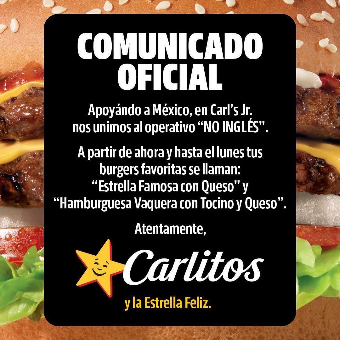 Carl's Jr. se suma a campaña No inglés | Foto: Cortesía