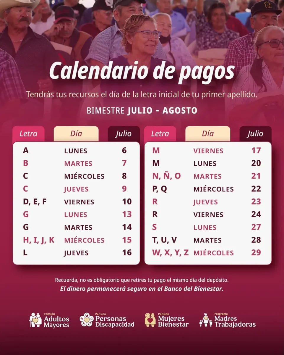 Revelan fechas de pago de pensiones del Bienestar en julio 2026