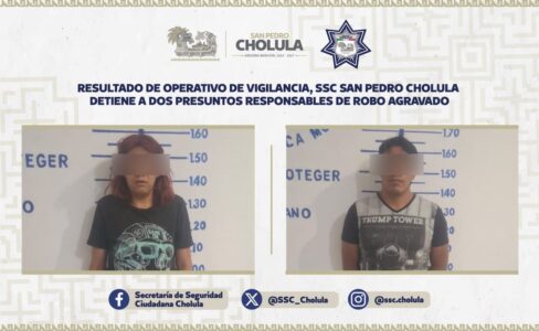 Resultado de operativo de vigilancia, SSC de San Pedro Cholula detiene a dos presuntos responsables de robo agravado