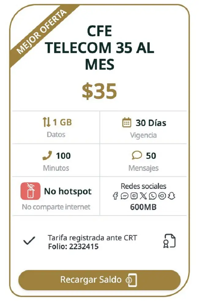 ¿Cuál es el plan más barato de internet de CFE? No supera los 50 pesos mensuales 3 Este es el plan más barato de internet de CFE: cuesta $35
