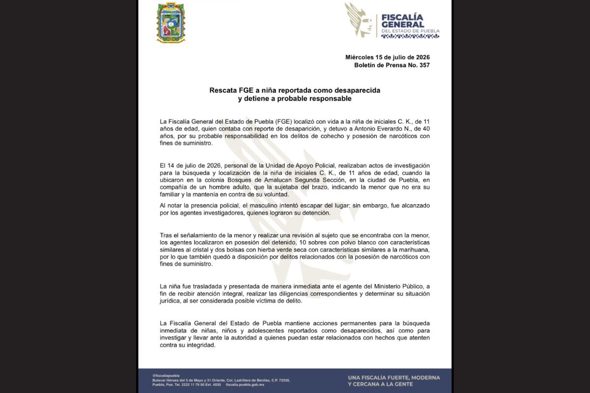 Niña desaparecida en Puebla localizada en Bosques de Amalucan | Foto: Fiscalía de Puebla