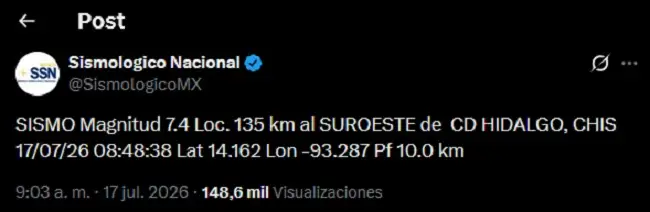 Temblor en Chiapas se sintió en algunas partes de Puebla