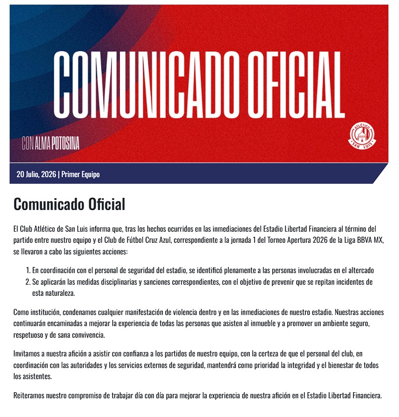 Atlético de San Luis vetará a aficionados involucrados en la pelea tras el duelo ante Cruz Azul 3 Estadio Libertad Financiera, sede de Atlético de San Luis | Foto: Cortesía