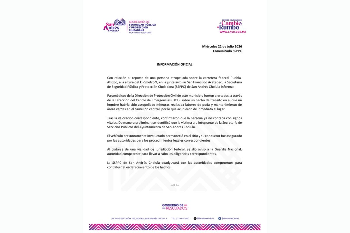 Comunicado oficial SSPPC San Andrés Cholula | Foto: Cortesía
