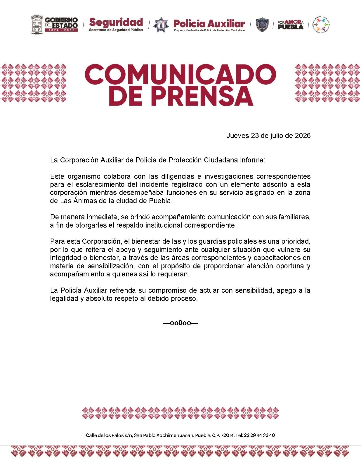 Comunicado de la Policía Auxiliar de Puebla | Foto: Cortesía