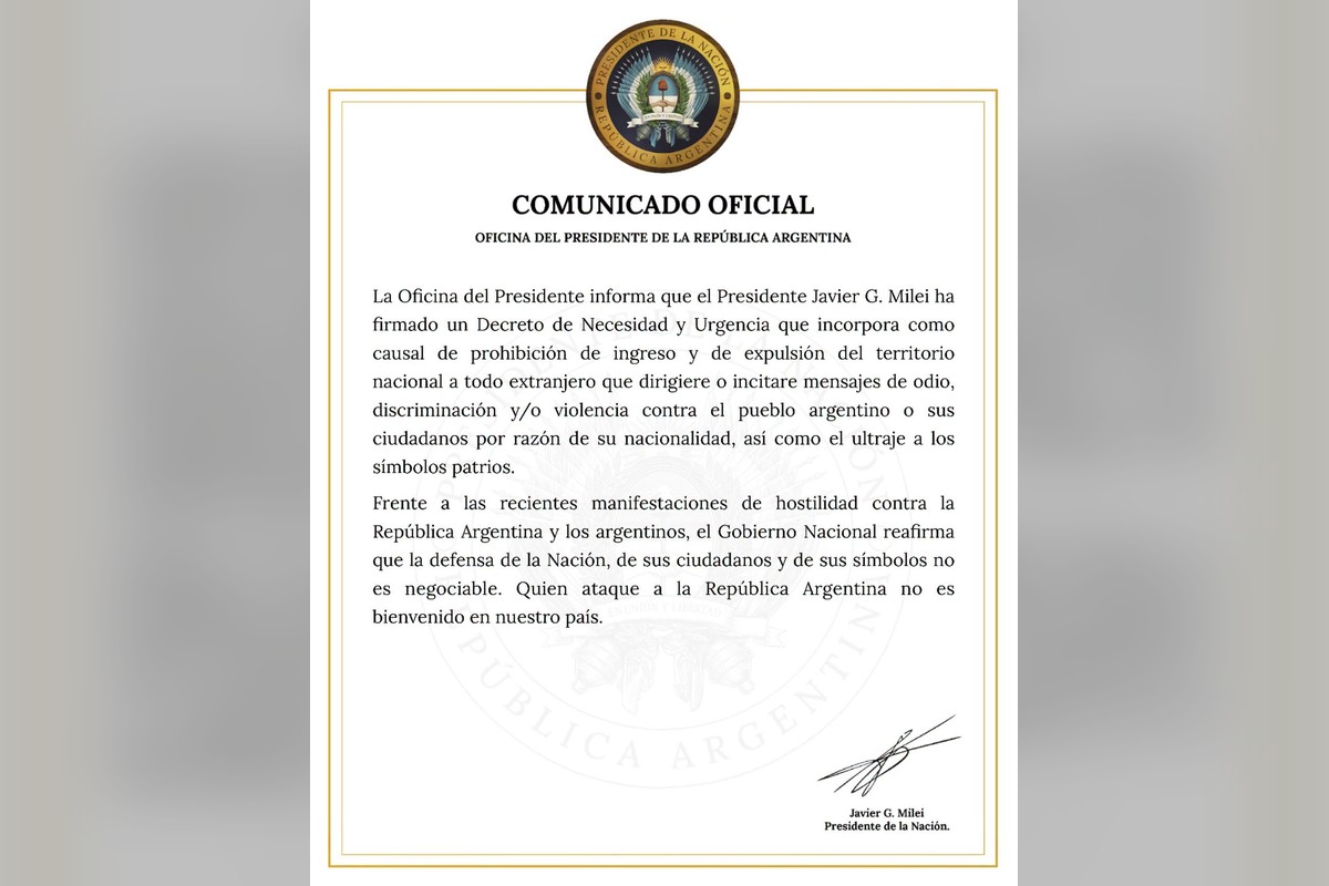 El comunicado oficial de la Oficina del Presidente de la República Argentina | Foto: Presidencia de Argentina
