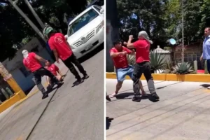 Motociclista y un hombre se pelearon a golpes en gasolinera