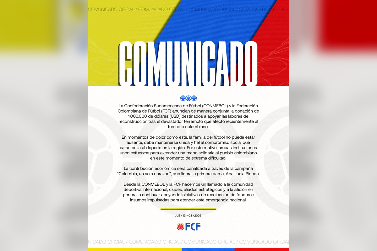 CONMEBOL dona un millón de dólares para apoyar la reconstrucción en Colombia tras el terremoto | Foto: Cortesía