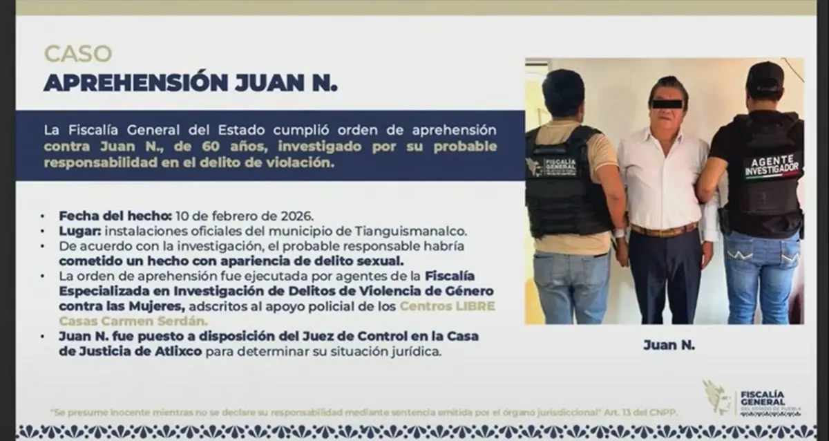 Alcalde de Tianguismanalco fue detenido por violación: FGE