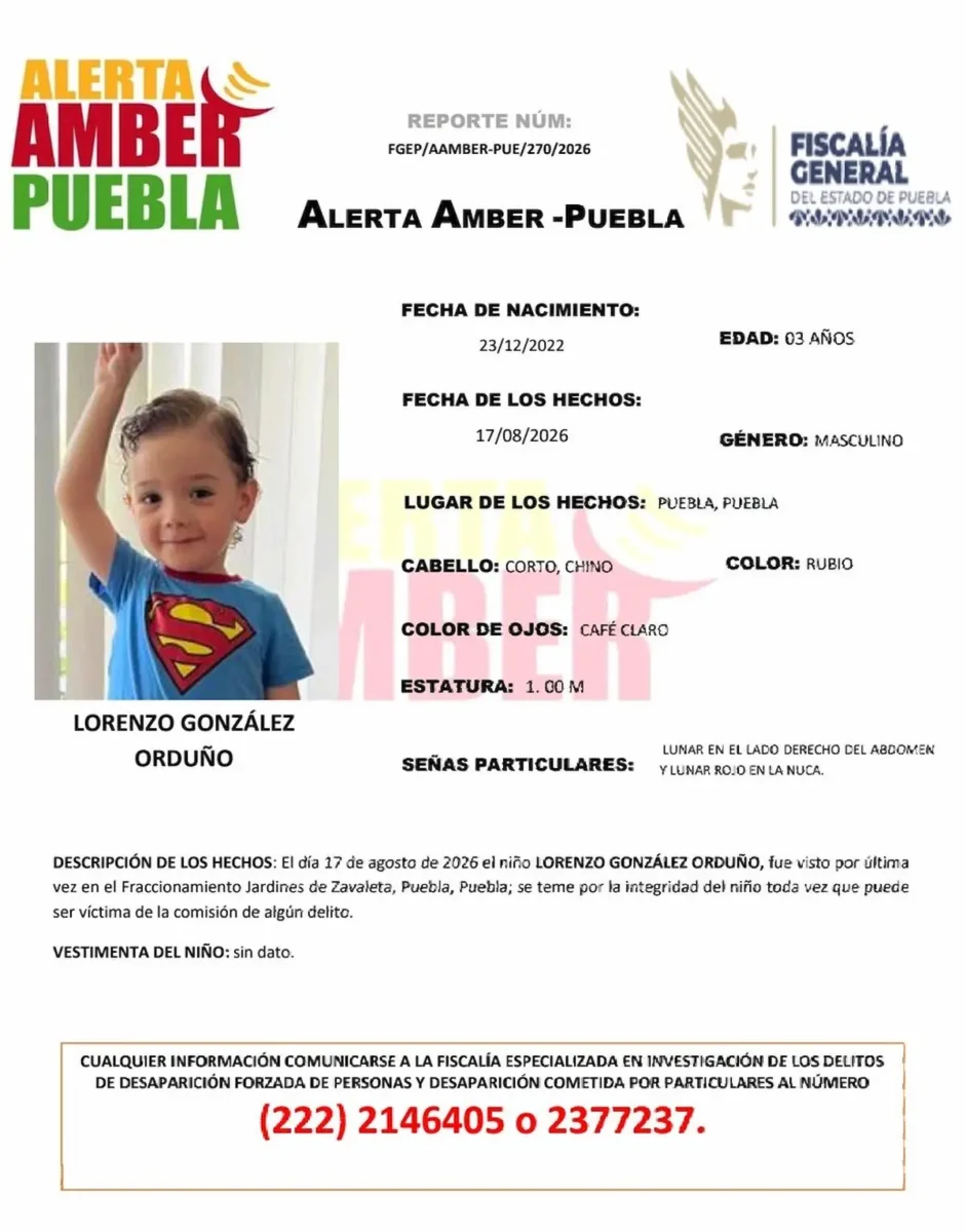 Activan Alerta Amber para localizar Lorenzo González, niño de 3 años desaparecido en Puebla 2 Activan Alerta Amber para localizar Lorenzo González