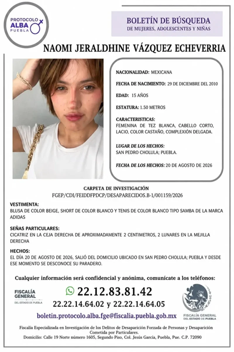 Localizan a Naomi Jerlandhine Vázquez, de 15 años, tras un día desaparecida en Cholula 2 Localizan Naomi Jerlandhine Vázquez Echeverría, menor desaparecida