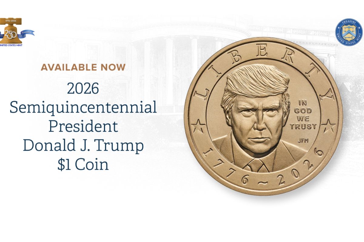 Presentación de la moneda de Trump puesta a la venta por la Casa de la Moneda de Estados Unidos | Foto: Cortesía