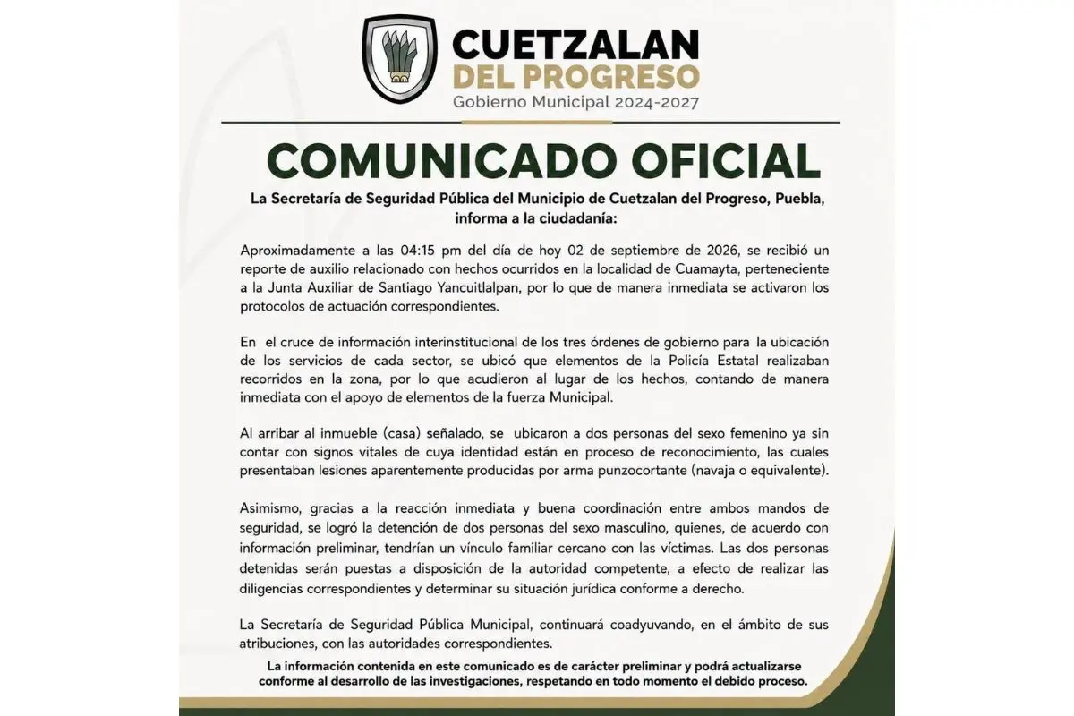 Detienen a dos por doble homicidio de mujeres en Cuetzalan