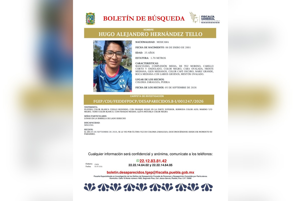 Hugo Alejandro Hernández Tello, estudiante de la BUAP reportado como desaparecido en Puebla | Foto: Cortesía
