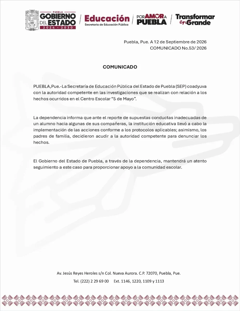 SEP investiga presunto abuso sexual en escuela 5 de Mayo 