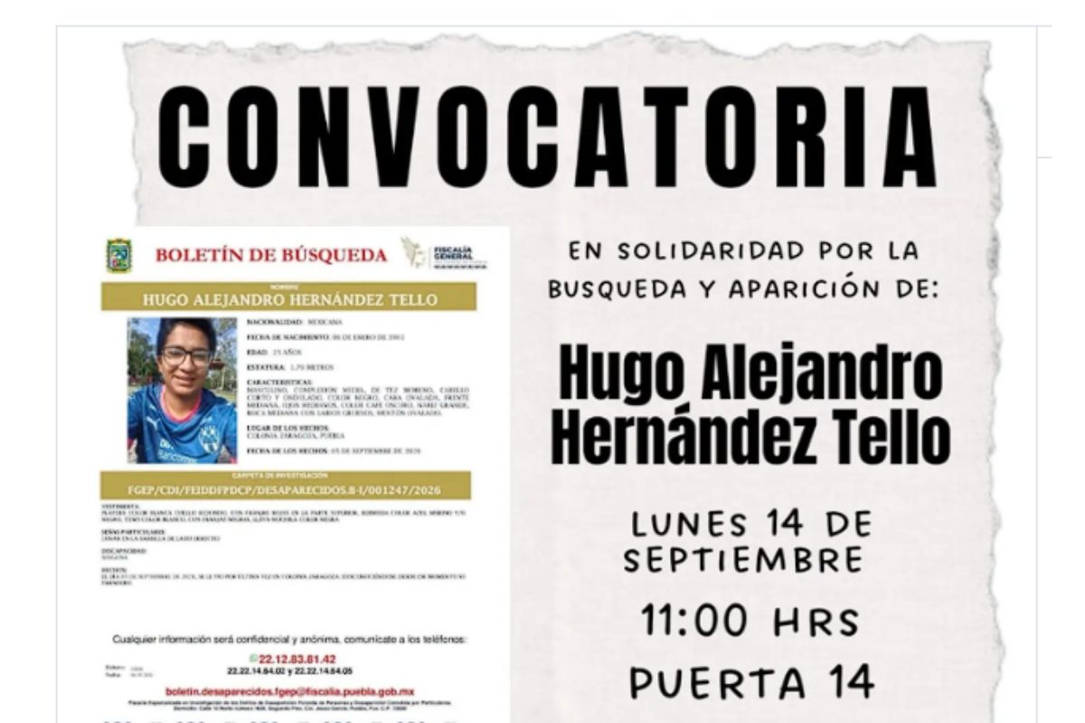Convocatoria a la marcha para encontrar a Hugo Alejandro Hernández Tello en Puebla | Foto: Cortesía