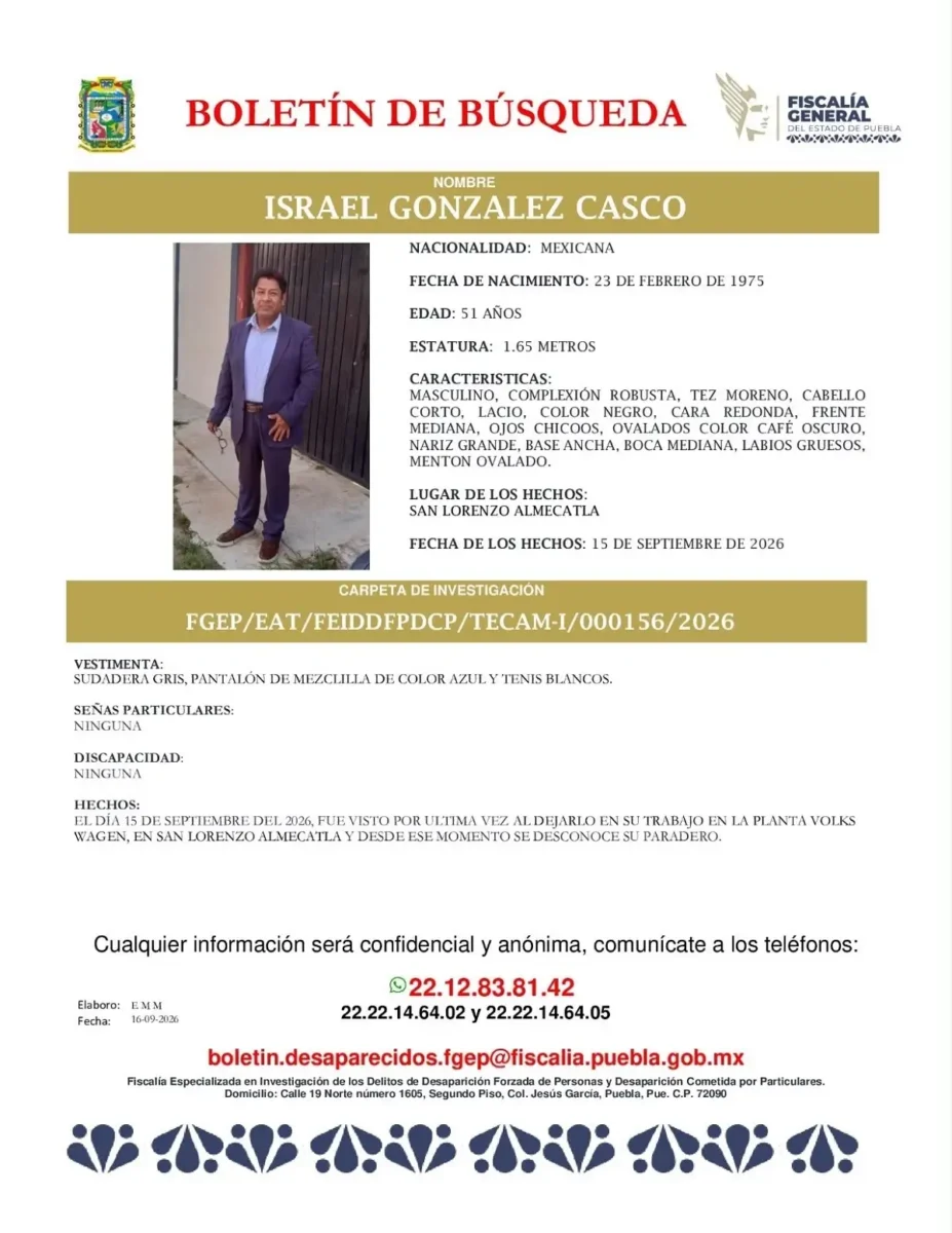 Buscan a trabajador de Volkswagen desaparecido el 15 de septiembre 2 Buscan a trabajador de Volkswagen desaparecido el 15 de septiembre