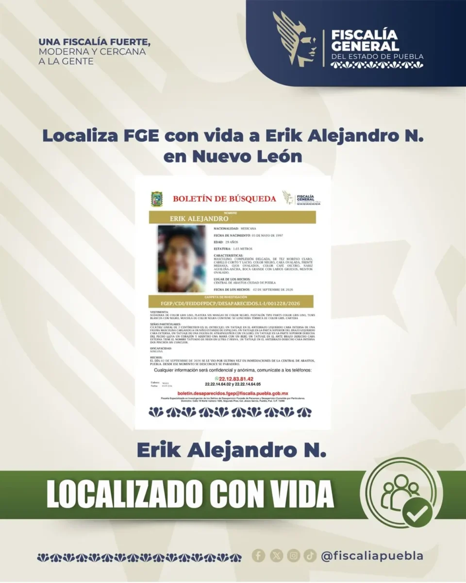 Encuentran a Erik Alejandro: Desapareció en la Central de Abasto de Puebla y se fue a Monterrey 3 Encontraron a Erik Alejandro tras desaparecer en Puebla