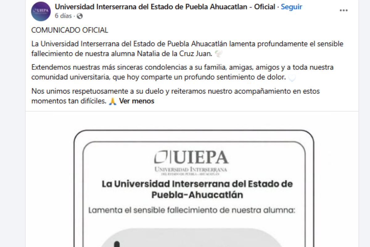 Comunicado de la Universidad Interserrana del Estado de Puebla Ahuacatlán por el fallecimiento de su alumna Natalia de la Cruz Juan | Foto: Cortesía