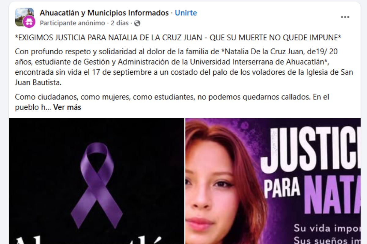 Publicación en redes sociales que exige justicia para Natalia de la Cruz Juan, hallada sin vida en Ahuacatlán | Foto: Cortesía
