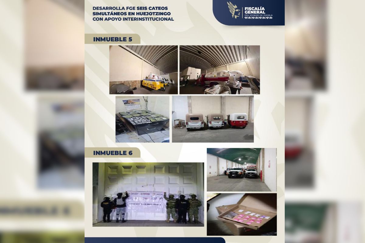 Infografía de la FGE con los aseguramientos en dos inmuebles de los cateos simultáneos en Huejotzingo | Foto: FGE