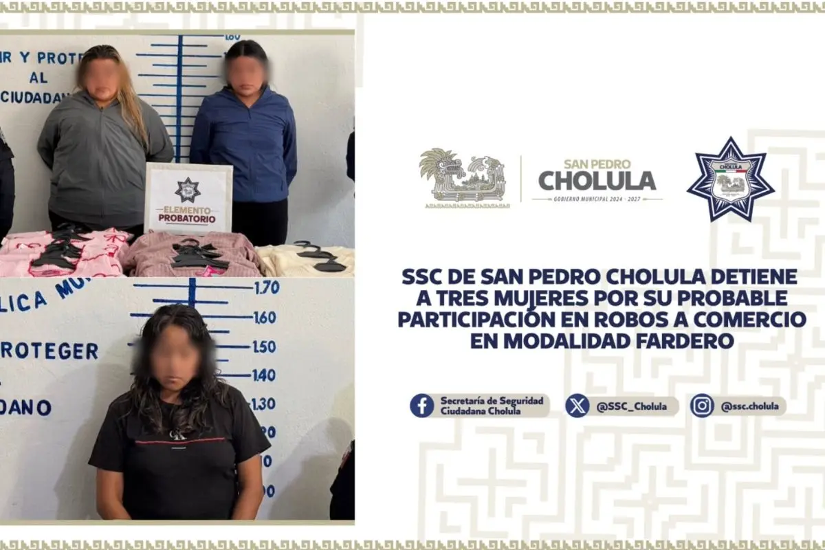 SSC de San Pedro Cholula detiene a tres mujeres por su probable participación en robos a comercio en modalidad fardero