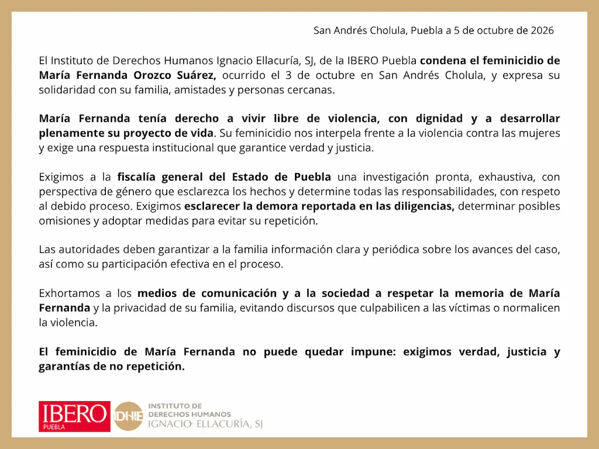 Ibero Puebla se pronuncia por feminicidio de María Fernanda Orozco