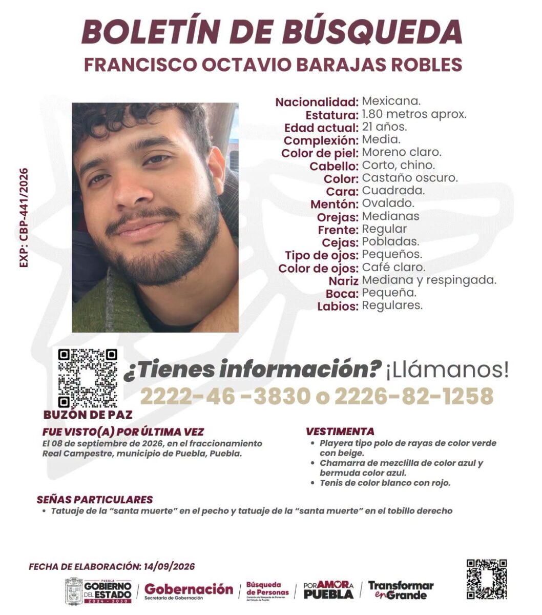 Buscan a Francisco Octavio Barajas Robles, desaparecido en Puebla